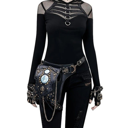 Steampunk-style Adjustable Waist Bag: Retro Chains and Rivets Decoration, PU Leather Multi-function Shoulder V1232-PKKB001