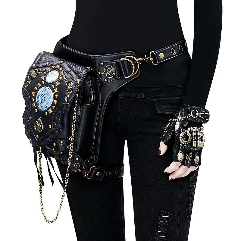 Steampunk-style Adjustable Waist Bag: Retro Chains and Rivets Decoration, PU Leather Multi-function Shoulder V1232-PKKB001