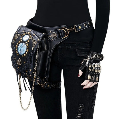 Steampunk-style Adjustable Waist Bag: Retro Chains and Rivets Decoration, PU Leather Multi-function Shoulder V1232-PKKB001