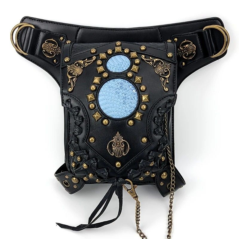 Steampunk-style Adjustable Waist Bag: Retro Chains and Rivets Decoration, PU Leather Multi-function Shoulder V1232-PKKB001