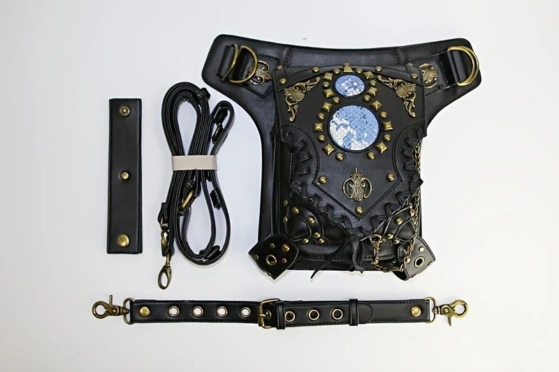 Steampunk-style Adjustable Waist Bag: Retro Chains and Rivets Decoration, PU Leather Multi-function Shoulder V1232-PKKB001
