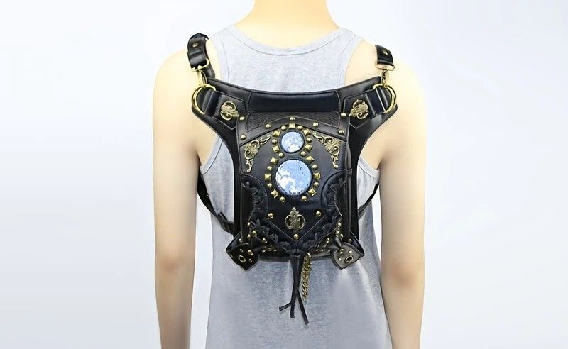 Steampunk-style Adjustable Waist Bag: Retro Chains and Rivets Decoration, PU Leather Multi-function Shoulder V1232-PKKB001