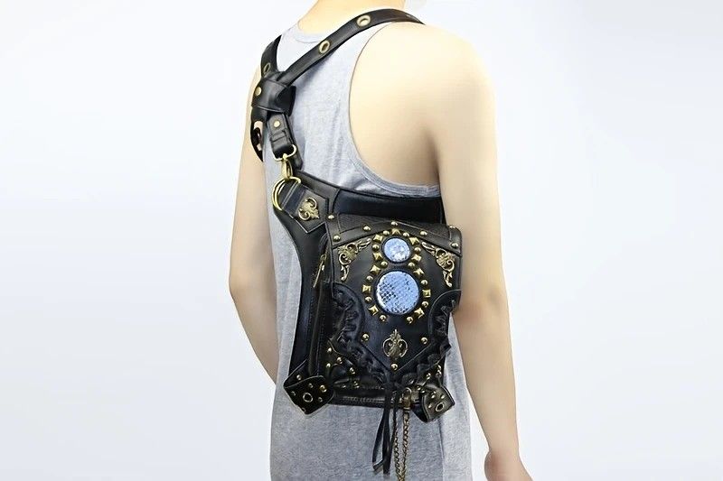 Steampunk-style Adjustable Waist Bag: Retro Chains and Rivets Decoration, PU Leather Multi-function Shoulder V1232-PKKB001