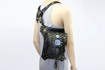 Steampunk-style Adjustable Waist Bag: Retro Chains and Rivets Decoration, PU Leather Multi-function Shoulder V1232-PKKB001