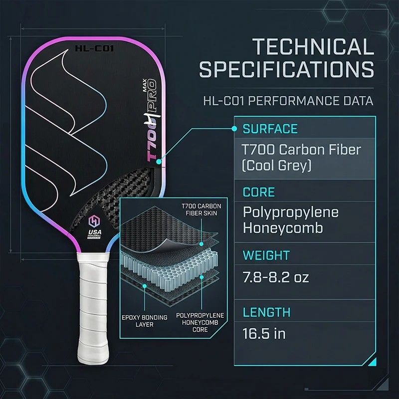 T700 Carbon Fiber Pickleball Paddle 16mm Core Lightweight Single Paddle with Polymer Honeycomb Core(bluish V1232-PKQPP003