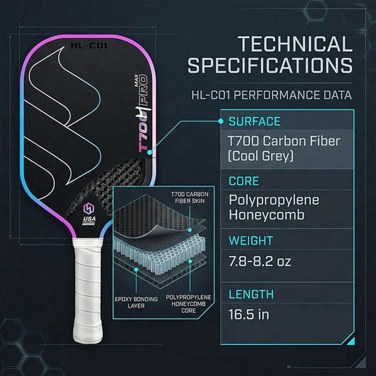 T700 Carbon Fiber Pickleball Paddle 16mm Core Lightweight Single Paddle with Polymer Honeycomb Core(bluish V1232-PKQPP003