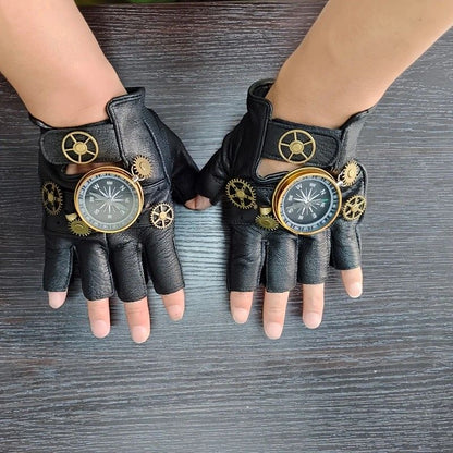Steampunk Compass Half - Finger Gloves: Pure Sheepskin with Gear Decor, Retro Mechanical Style, Flexible & V1232-PKST001