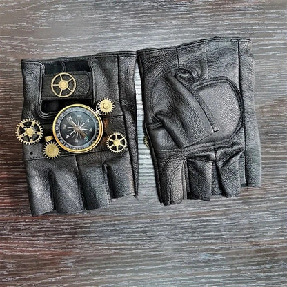 Steampunk Compass Half - Finger Gloves: Pure Sheepskin with Gear Decor, Retro Mechanical Style, Flexible & V1232-PKST001