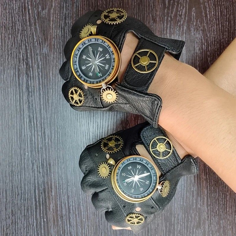 Steampunk Compass Half - Finger Gloves: Pure Sheepskin with Gear Decor, Retro Mechanical Style, Flexible & V1232-PKST001