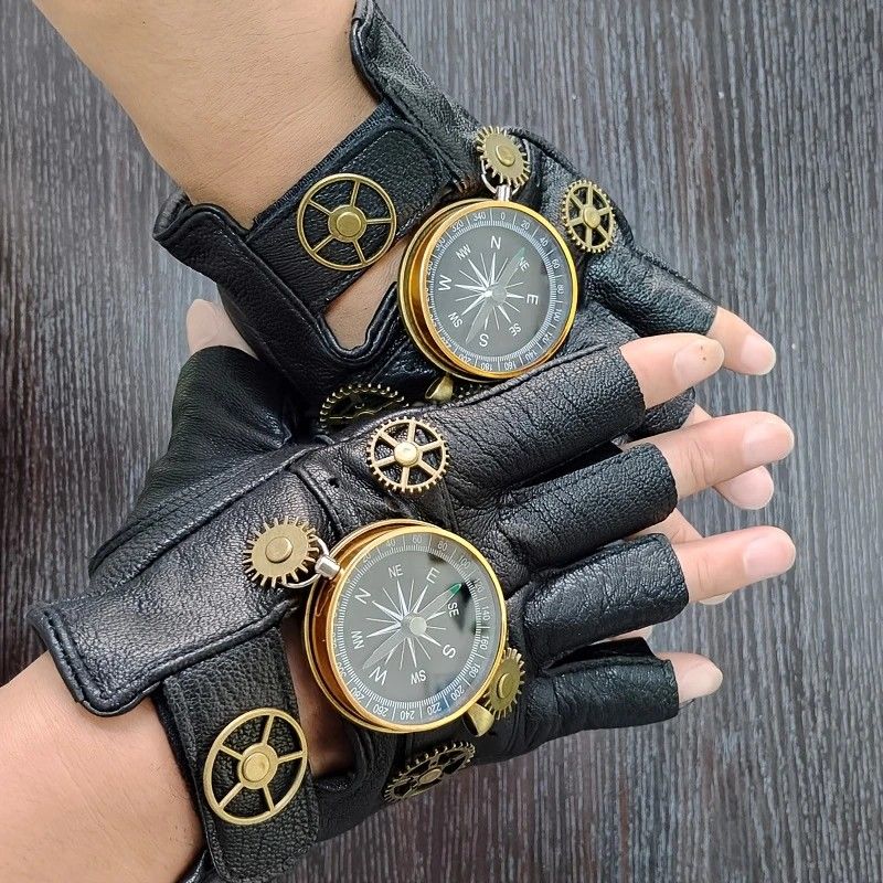 Steampunk Compass Half - Finger Gloves: Pure Sheepskin with Gear Decor, Retro Mechanical Style, Flexible & V1232-PKST001
