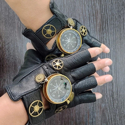 Steampunk Compass Half - Finger Gloves: Pure Sheepskin with Gear Decor, Retro Mechanical Style, Flexible & V1232-PKST001