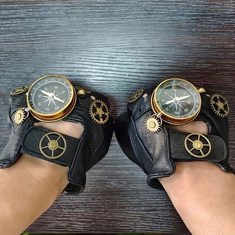 Steampunk Compass Half - Finger Gloves: Pure Sheepskin with Gear Decor, Retro Mechanical Style, Flexible & V1232-PKST001