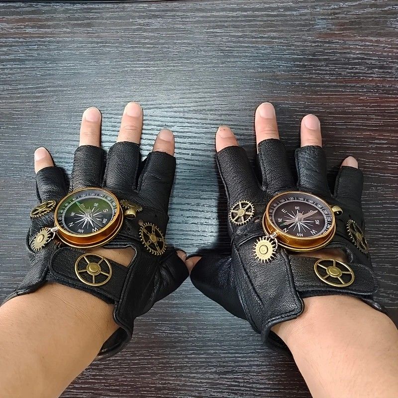 Steampunk Compass Half - Finger Gloves: Pure Sheepskin with Gear Decor, Retro Mechanical Style, Flexible & V1232-PKST001