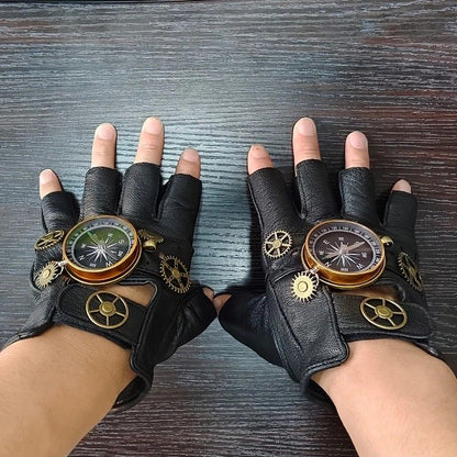 Steampunk Compass Half - Finger Gloves: Pure Sheepskin with Gear Decor, Retro Mechanical Style, Flexible & V1232-PKST001