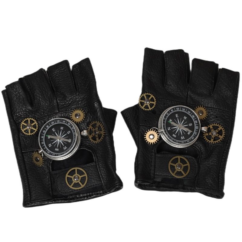 Steampunk Compass Half - Finger Gloves: Pure Sheepskin with Gear Decor, Retro Mechanical Style, Flexible & V1232-PKST002