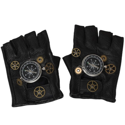 Steampunk Compass Half - Finger Gloves: Pure Sheepskin with Gear Decor, Retro Mechanical Style, Flexible & V1232-PKST002