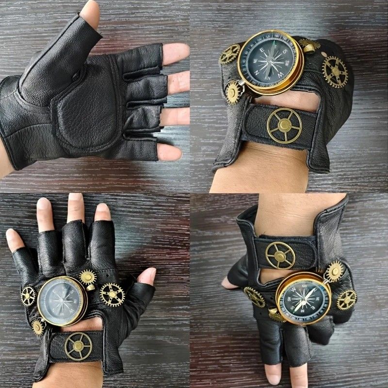 Steampunk Compass Half - Finger Gloves: Pure Sheepskin with Gear Decor, Retro Mechanical Style, Flexible & V1232-PKST002