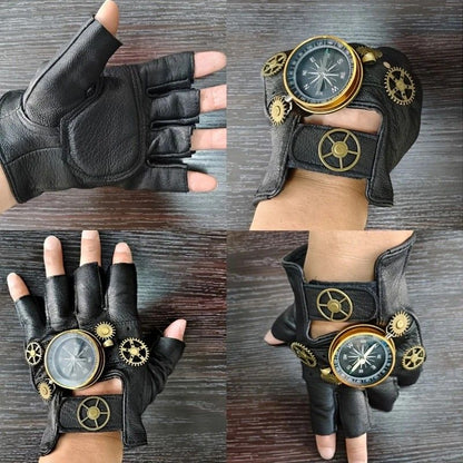 Steampunk Compass Half - Finger Gloves: Pure Sheepskin with Gear Decor, Retro Mechanical Style, Flexible & V1232-PKST002