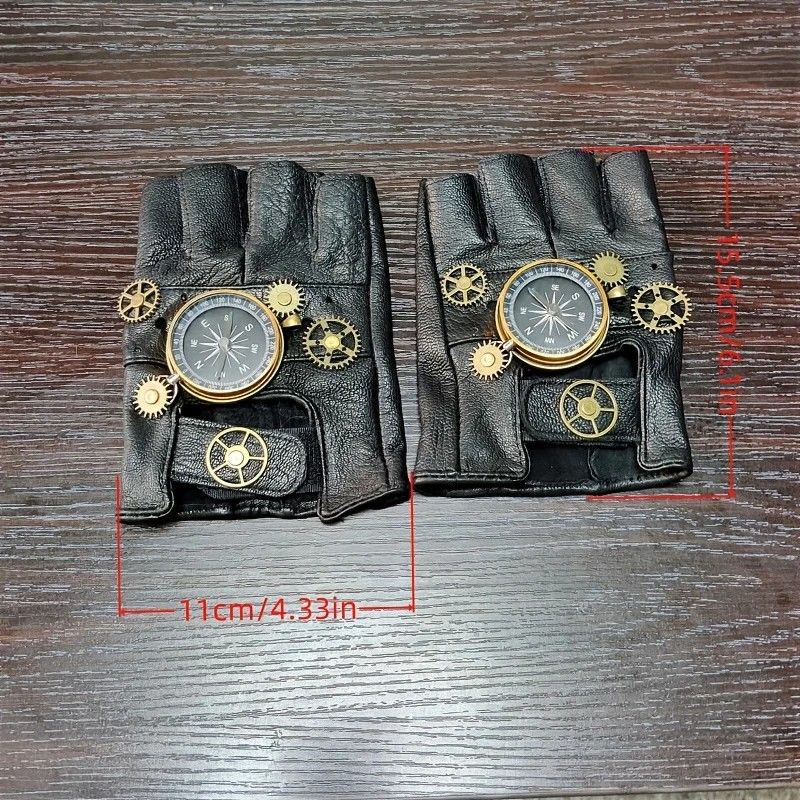 Steampunk Compass Half - Finger Gloves: Pure Sheepskin with Gear Decor, Retro Mechanical Style, Flexible & V1232-PKST002
