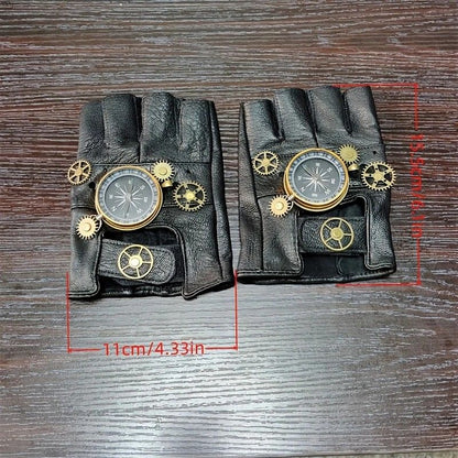 Steampunk Compass Half - Finger Gloves: Pure Sheepskin with Gear Decor, Retro Mechanical Style, Flexible & V1232-PKST002