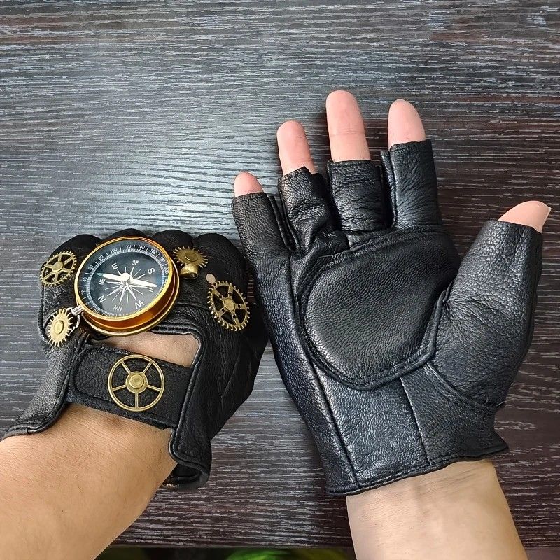 Steampunk Compass Half - Finger Gloves: Pure Sheepskin with Gear Decor, Retro Mechanical Style, Flexible & V1232-PKST002