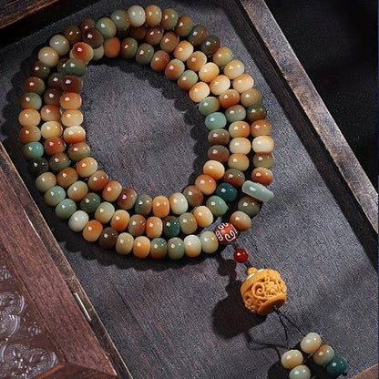 108 Bodhi Root Bracelet with Green Sandalwood Sachet, Textured by Time, Multi-Loop Zen Meditation Beads V1232-PTSL001
