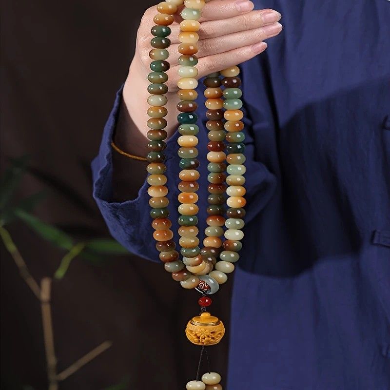 108 Bodhi Root Bracelet with Green Sandalwood Sachet, Textured by Time, Multi-Loop Zen Meditation Beads V1232-PTSL001