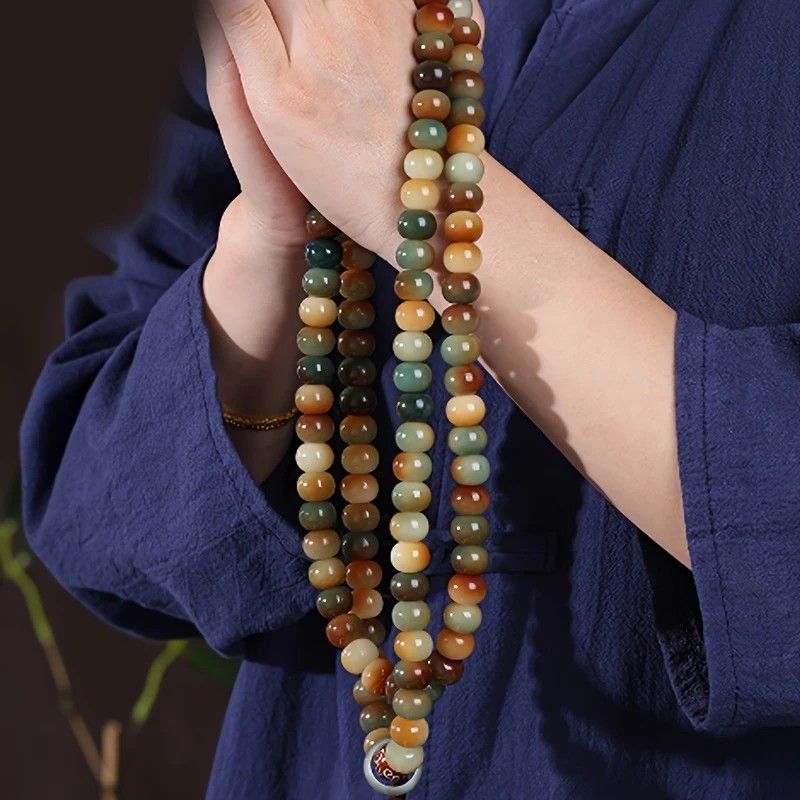 108 Bodhi Root Bracelet with Green Sandalwood Sachet, Textured by Time, Multi-Loop Zen Meditation Beads V1232-PTSL001