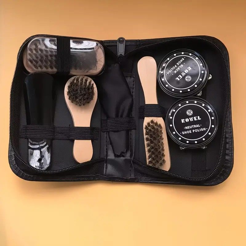 7-in-1 Travel Case Black and Neutral Shoe Brush Cleaning Kit V1232-PXHLTZ001