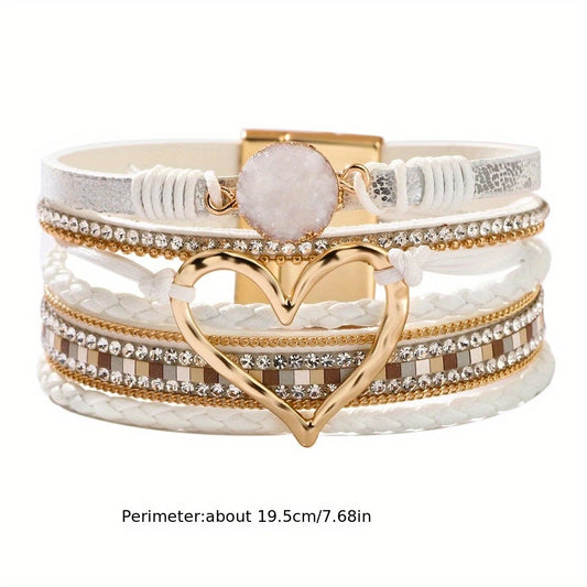 Bohemian Braided Leather Bracelet, Multi-layer Design with Metal and Crystal Accents, Rose Gold Square Clasp V1232-PXMYSL001