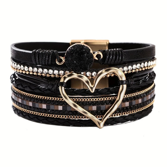 Bohemian Braided Leather Bracelet, Multi-layer Design with Metal and Crystal Accents, Rose Gold Square Clasp V1232-PXMYSL002