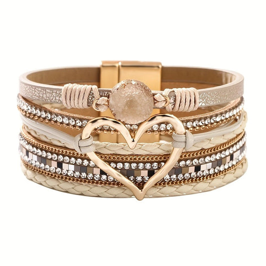 Bohemian Braided Leather Bracelet, Multi-layer Design with Metal and Crystal Accents, Rose Gold Square Clasp V1232-PXMYSL005