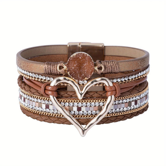 Bohemian Braided Leather Bracelet, Multi-layer Design with Metal and Crystal Accents, Rose Gold Square Clasp V1232-PXMYSL005