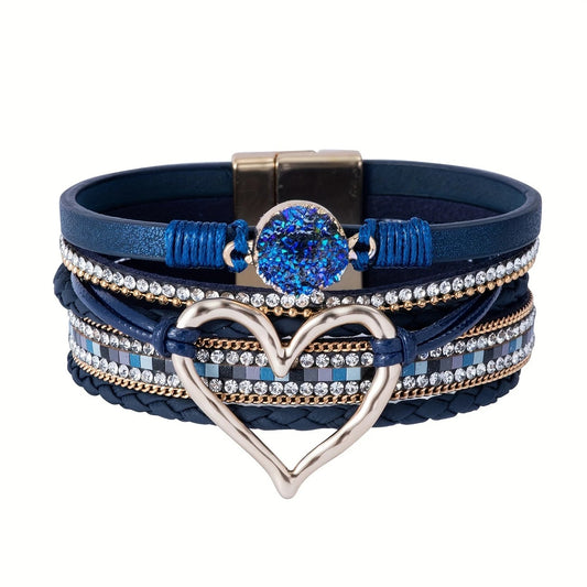 Bohemian Braided Leather Bracelet, Multi-layer Design with Metal and Crystal Accents, Rose Gold Square Clasp V1232-PXMYSL006