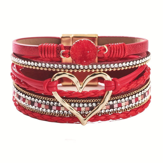 Bohemian Braided Leather Bracelet, Multi-layer Design with Metal and Crystal Accents, Rose Gold Square Clasp V1232-PXMYSL007