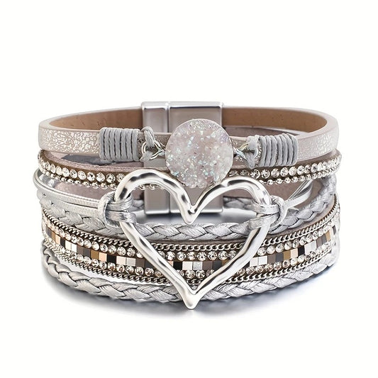 Bohemian Braided Leather Bracelet, Multi-layer Design with Metal and Crystal Accents, Rose Gold Square Clasp V1232-PXMYSL008