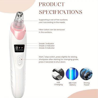 Blackhead Cleansing Device: 5 Nozzles for Full Face, 3 Suction Levels for Targeted Cleansing V1232-QHTY001