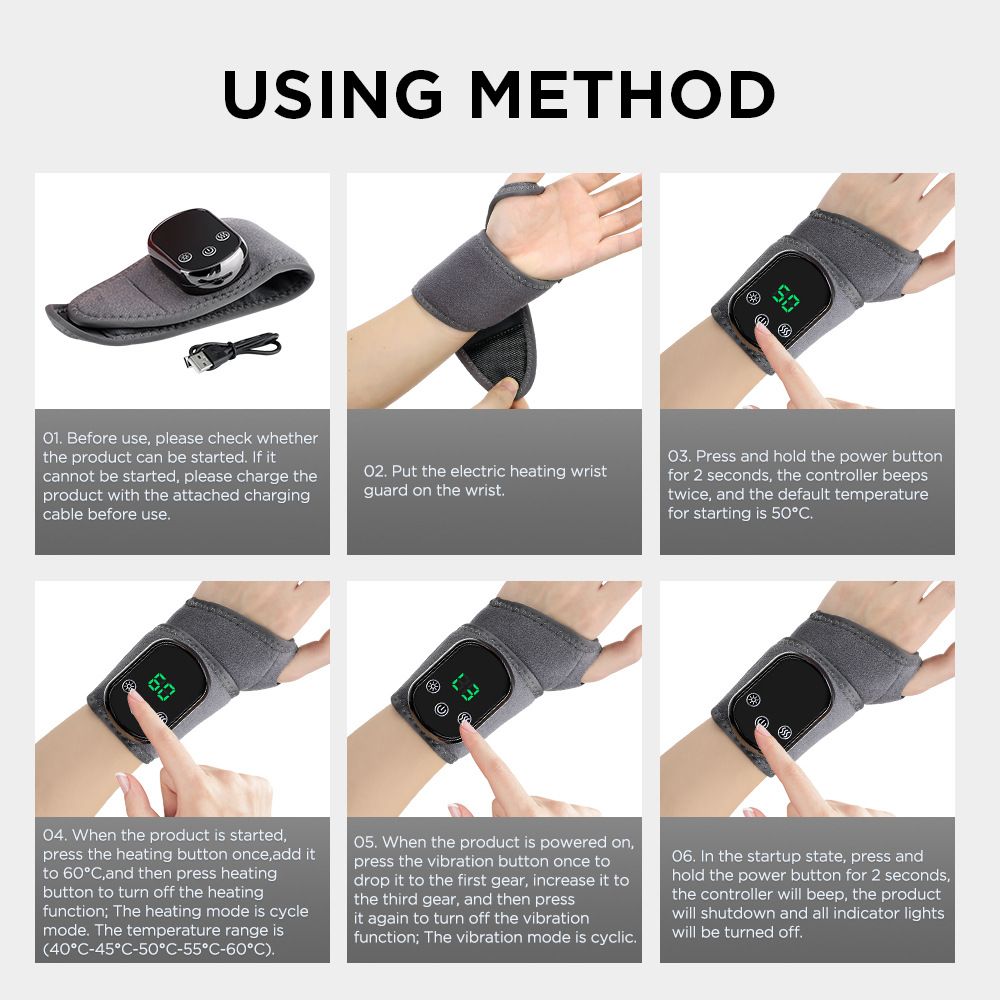 Electric Wrist Heating Massager - Infrared Heat Therapy + Vibration Massage, Rechargeable & Temperature V1232-SBAMY002