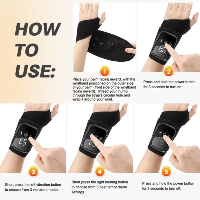 Heated Wrist Massager with Infrared Therapy - 3 Heat & 3 Vibration Levels, Rechargeable, Ergonomic Design V1232-SBAMYSD001
