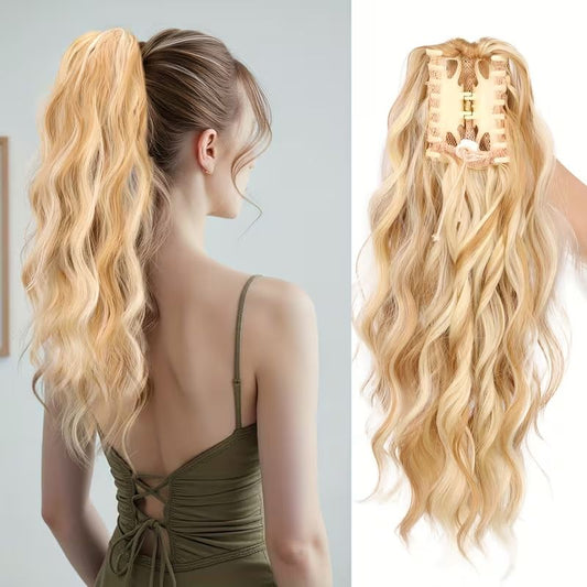 Water wave curly hair clip-in ponytail wig, made of high-heat-resistant synthetic material. Perfect for daily V1232-SBWJF006
