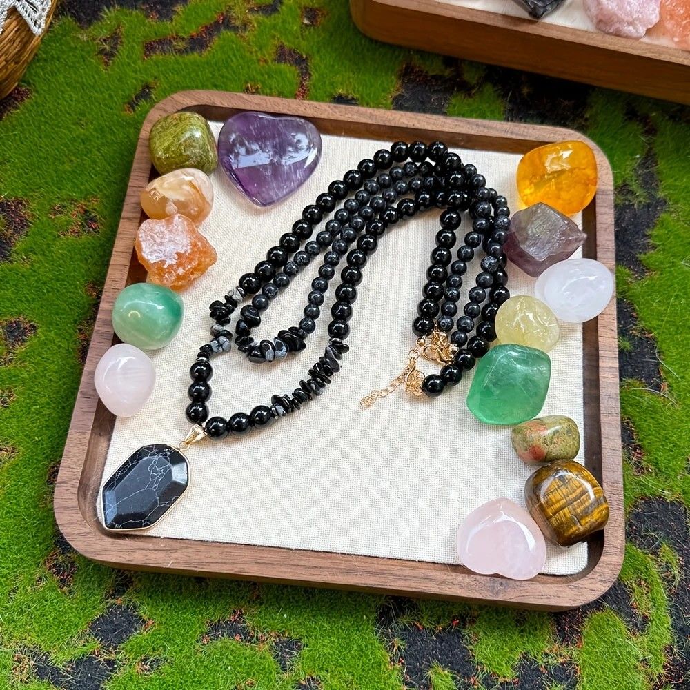 Vintage Double-Layer Hand-Strung Turquoise Necklace, Bohemian-Style Crackle Pendant for Protection and V1232-SCHSSXL001