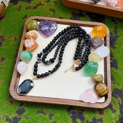 Vintage Double-Layer Hand-Strung Turquoise Necklace, Bohemian-Style Crackle Pendant for Protection and V1232-SCHSSXL001