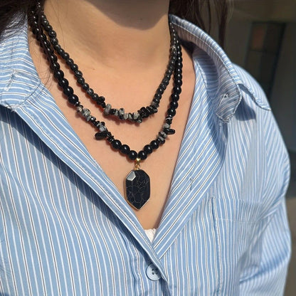 Vintage Double-Layer Hand-Strung Turquoise Necklace, Bohemian-Style Crackle Pendant for Protection and V1232-SCHSSXL001