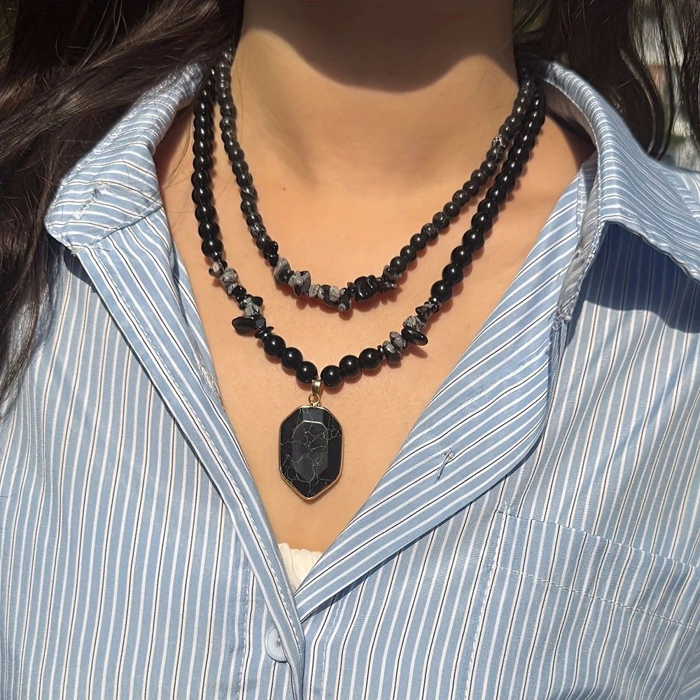 Vintage Double-Layer Hand-Strung Turquoise Necklace, Bohemian-Style Crackle Pendant for Protection and V1232-SCHSSXL001
