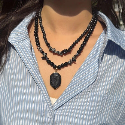 Vintage Double-Layer Hand-Strung Turquoise Necklace, Bohemian-Style Crackle Pendant for Protection and V1232-SCHSSXL001
