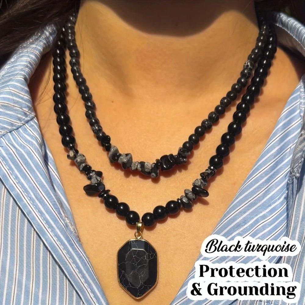 Vintage Double-Layer Hand-Strung Turquoise Necklace, Bohemian-Style Crackle Pendant for Protection and V1232-SCHSSXL001