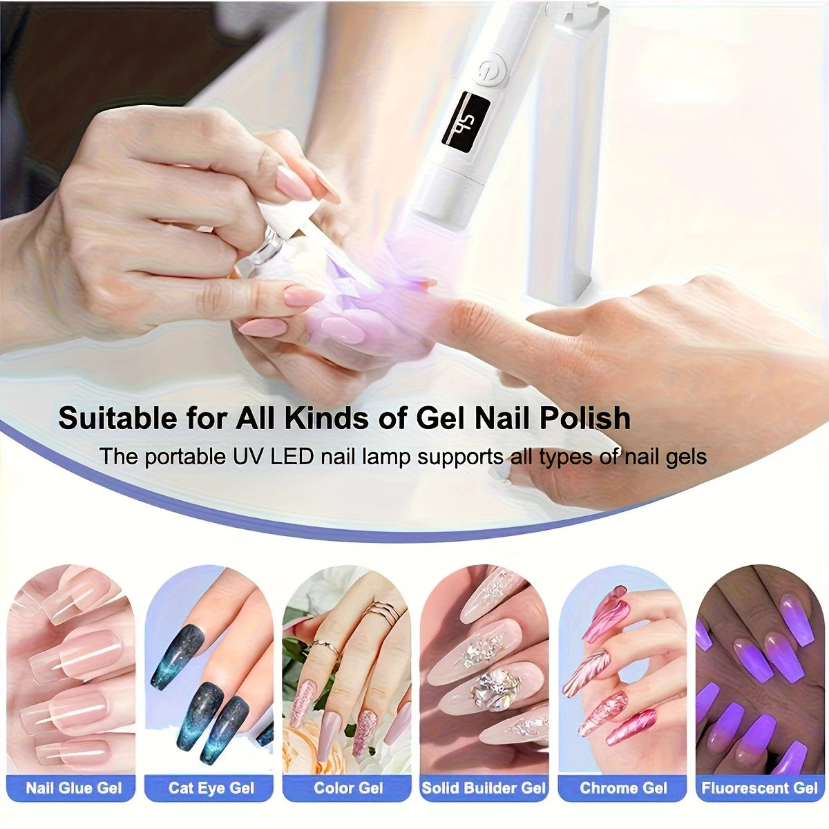 2-in-1 Nail Lamp: Handheld & Stand, 6-LED Fast Dry, Type-C Fast Charge, Smart Timer, Home/Travel DIY Nail Art V1232-SCMJD001