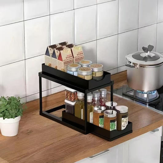 BLACK Two-tier pull-out storage rack. An organizational lifesaver for under the kitchen sink. Features V1232-SCZWJ001