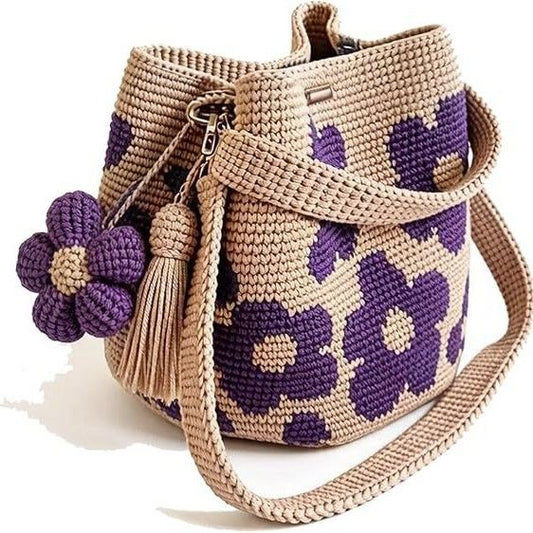 Hand crocheted flower tote bag, beige and brown color scheme with three-dimensional yellow flowers and tassels, can be worn as shoulder bag, crossbody bag, or carried by hand, the perfect choice for everyday outings with a stylish vibe./purple