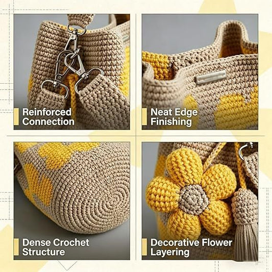 Hand crocheted flower tote bag, can be worn as shoulder bag, crossbody bag, or carried by hand, the perfect choice for everyday outings with a stylish vibe./BLUE
